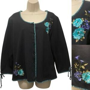 Studio Ease Womens Sz 18 Cardigan Black Embroidered Turquoise Stitch Boho